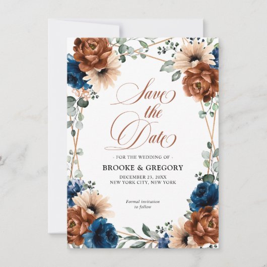 Terracotta Navy Blue Greenery Save the Date (Vorderseite)