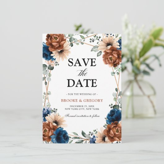 Terracotta Navy Blue Greenery Save the Date (Stehend Vorderseite)