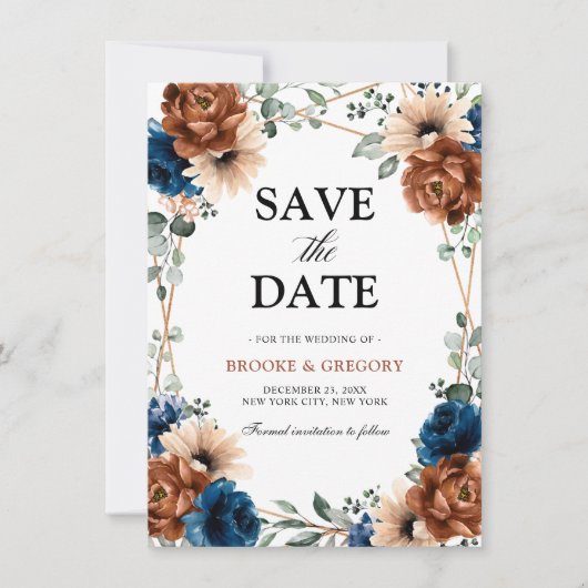 Terracotta Navy Blue Greenery Save the Date (Vorderseite)