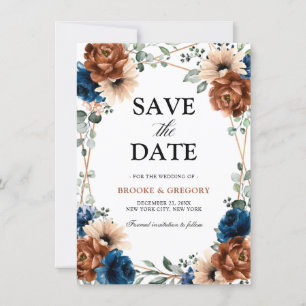 Terracotta Navy Blue Greenery Save the Date