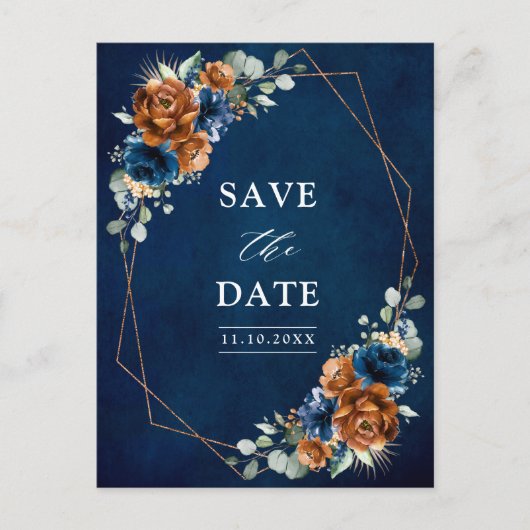 Terracotta Navy Blue Greenery Save the Date Postca Postkarte (Vorderseite)