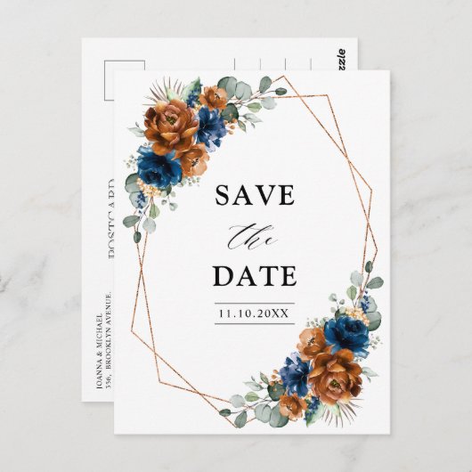 Terracotta Navy Blue Greenery Save the Date Postkarte (Vorne/Hinten)