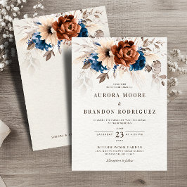 Terracotta Navy Blue Pampas Grass Botanical Weddin Einladung