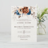 Terracotta Navy Blue Pampas Grass Botanical Weddin Einladung (Stehend Vorderseite)