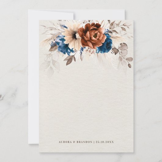 Terracotta Navy Blue Pampas Grass Botanical Weddin Einladung (Rückseite)