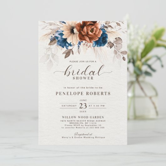 Terracotta Navy Blue Pampas Grass Brautparty Einladung (Stehend Vorderseite)