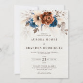 Terracotta Navy Blue Pampas Grass QR Code Hochzeit Einladung (Vorderseite)