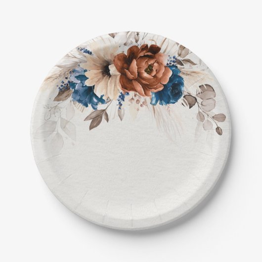 Terracotta Navy Blue Pampas Grass Rustikale Hochze Pappteller (Vorderseite)