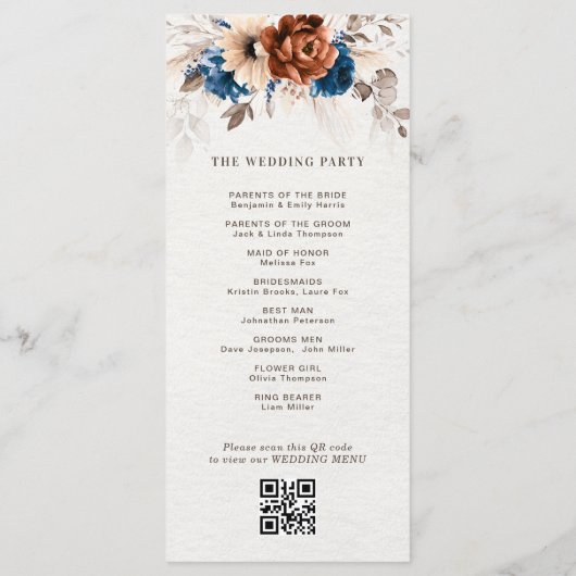 Terracotta Navy Blue Pampas Grass Rustikale Hochze Programm (Rückseite)