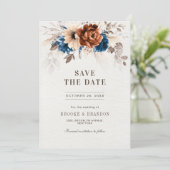 Terracotta Navy Blue Pampas Grass Rustikale Hochze Save The Date (Stehend Vorderseite)