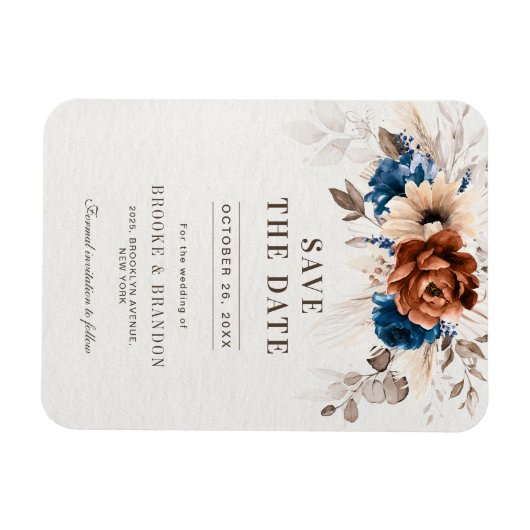 Terracotta Navy Blue Pampas Grass Save the Date Magnet (Horizontal)