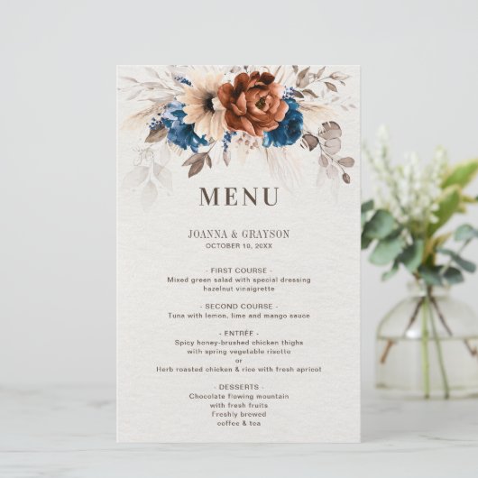 Terracotta Navy Blue Pampas Grass Wedding Menu (Stehend Vorderseite)