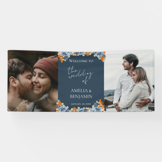 Terracotta Navy Blue Rust Foto Hochzeit Willkommen Banner (Horizontal)