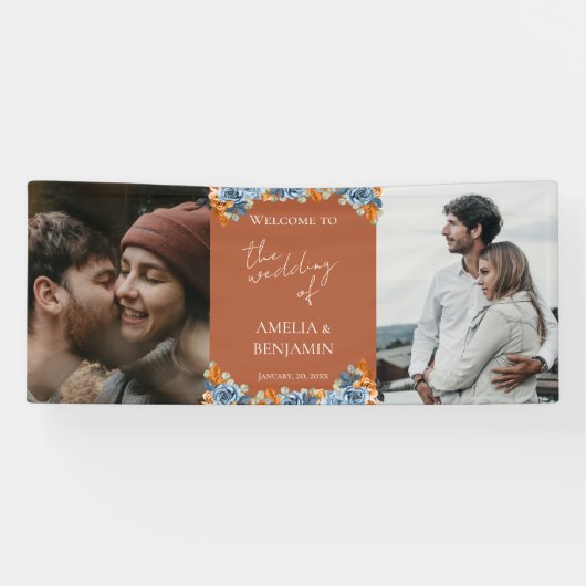 Terracotta Navy Blue Rust Foto Hochzeit Willkommen Banner (Horizontal)