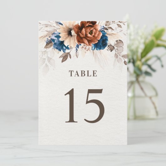 Terracotta Navy Blue Rustikale Tischnummer (Stehend Vorderseite)