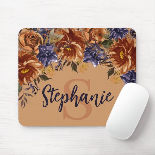 Terracotta Navy Blue Watercolor Floral Monogram Mousepad (Mit Mouse)