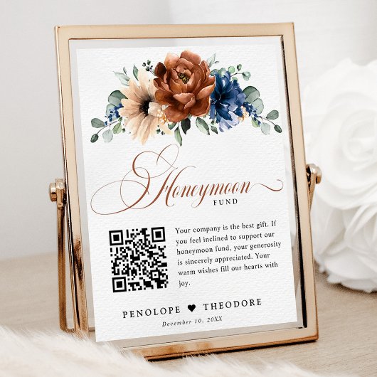 Terracotta Navy Blue Wedding Honeymoon Fund signie Poster
