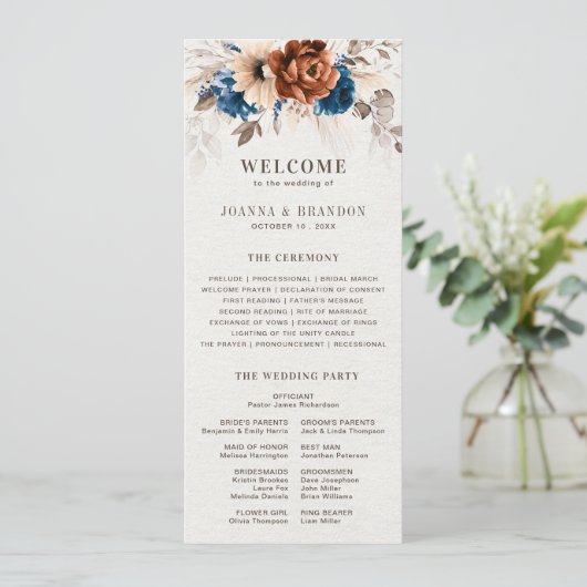 Terracotta Navy Blue Wedding Menü mit Programm (Stehend Vorderseite)