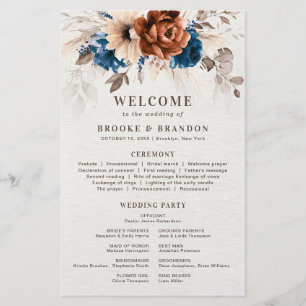 Terracotta Navy Blue Wedding Programm mit Menü