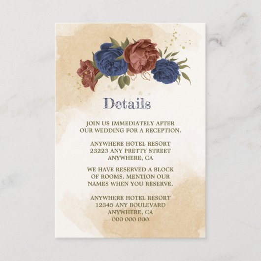 Terracotta navy blühende grüne Hochzeit Begleitkarte (Vorderseite)