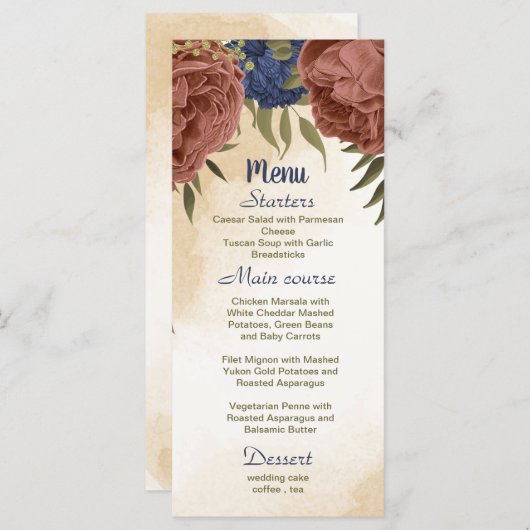 Terracotta navy blühende grüne Hochzeit Menükarte (Vorne/Hinten)