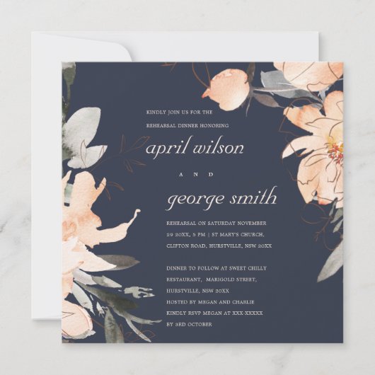 TERRACOTTA NAVY FLORAL PROBE DINNER EINLADEN DANKESKARTE (Vorderseite)