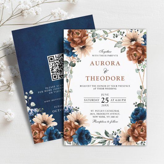 Terracotta Navy Greenery Geometric Wedding QR Code Einladung