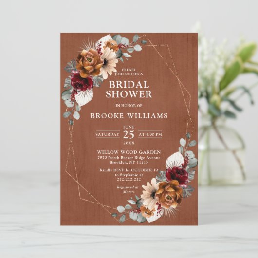 Terracotta Navy Greenery Geometrisches Brautparty Einladung (Stehend Vorderseite)