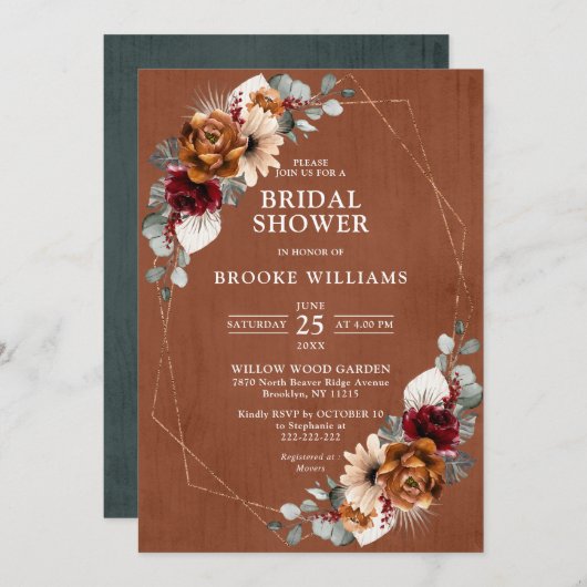 Terracotta Navy Greenery Geometrisches Brautparty Einladung (Vorne/Hinten)