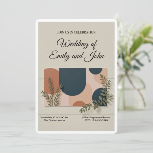Terracotta Navy Greenery Wedding Invitation Einladung (Stehend Vorderseite)