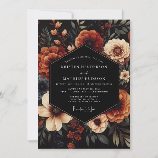Terracotta Noir Bloom Wedding Einladung (Vorderseite)