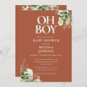 Terracotta Oh Boy Botanical Greenerity Babydusche Einladung (Vorne/Hinten)