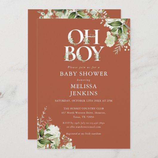 Terracotta Oh Boy Botanical Greenerity Babydusche Einladung (Vorne/Hinten)