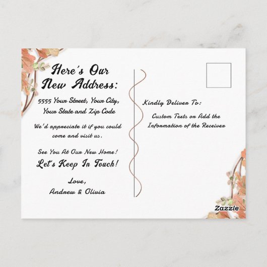 Terracotta Orange Blätter Rusty Foil Moving Addres Postkarte (Rückseite)