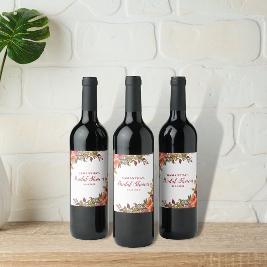 Terracotta Orange Floral Botanisches Brautparty Weinetikett