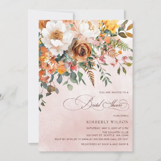 Terracotta Orange Floral Fall Bridal Shower Einladung (Vorderseite)