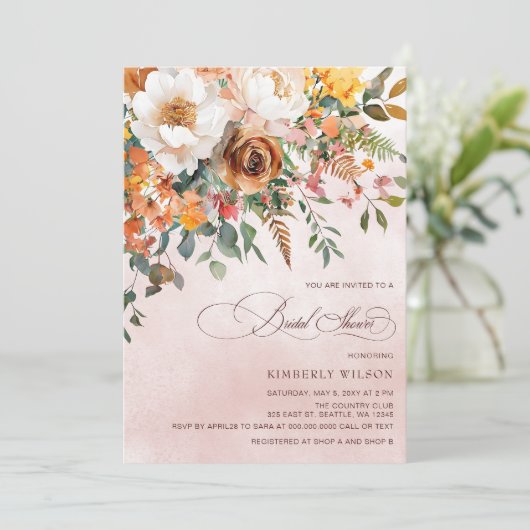 Terracotta Orange Floral Fall Bridal Shower Einladung (Stehend Vorderseite)