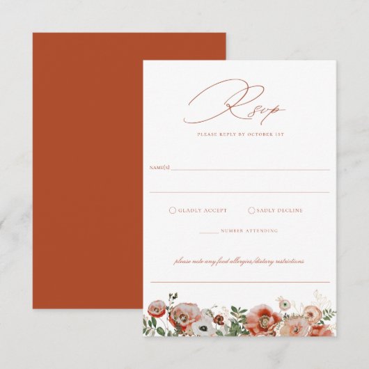 Terracotta Orange Herbstblütenhochzeit RSVP Karte (Vorne/Hinten)