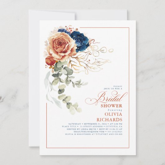 Terracotta Orange Navy Blue Fall Brautparty Einladung (Vorderseite)