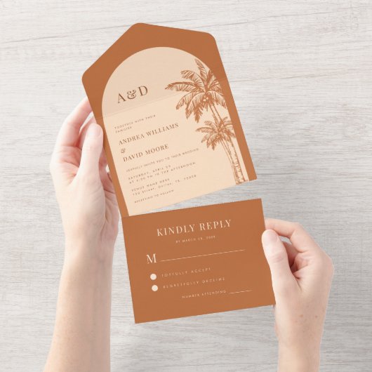 Terracotta Palm Tree Tropical Beach Boho Wedding All In One Einladung (Abreißen)