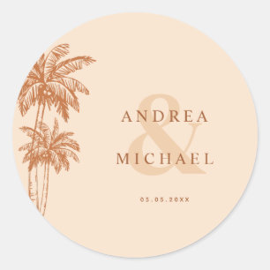 Terracotta Palm Trees & Ampersand Namen Wedding Runder Aufkleber