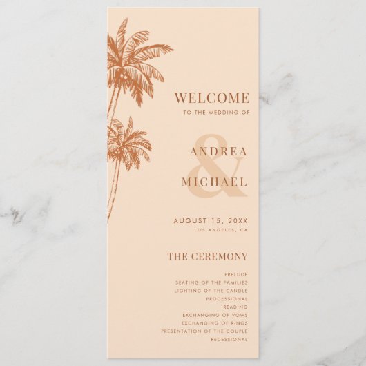 Terracotta Palm Trees & Ampersand Strand Hochzeit Programm (Vorderseite)