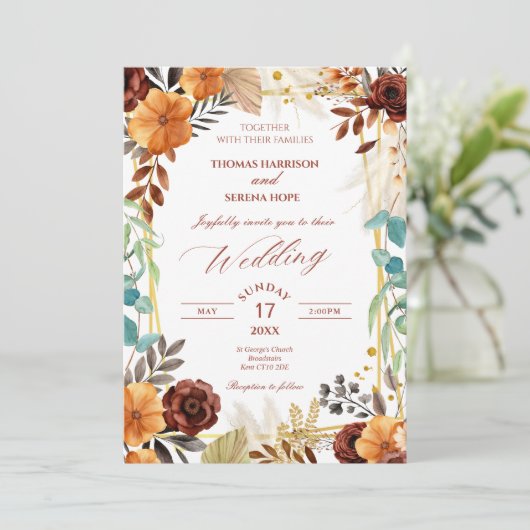Terracotta Pampas Grass Boho Rust Wedding Einladung (Stehend Vorderseite)