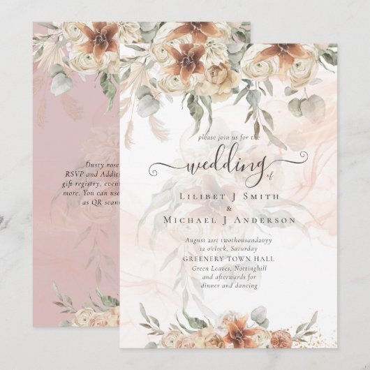 Terracotta Pampas Grass BOHO Wedding Einladung (Vorne/Hinten)