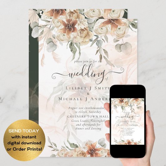 Terracotta Pampas Grass BOHO Wedding Einladung