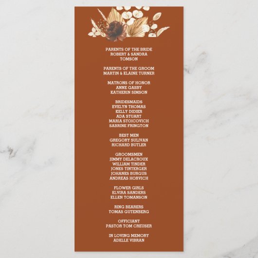 Terracotta Pampas Grass Floral Wedding Programm (Rückseite)