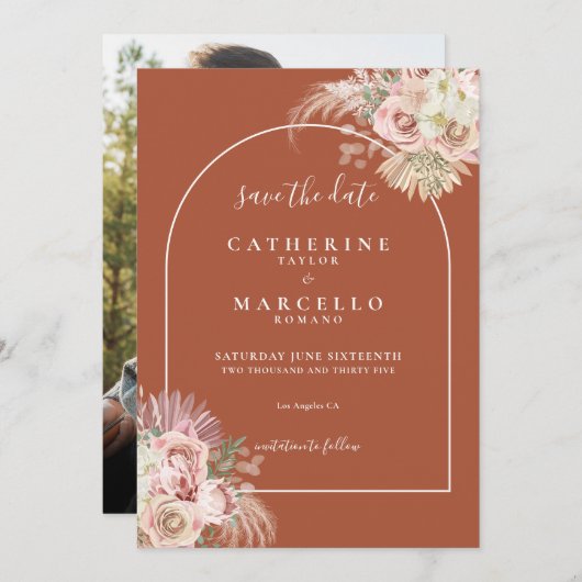 Terracotta Pampas Grass Foto Wedding Save The Date (Vorne/Hinten)