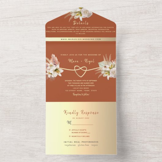 Terracotta Pampas Grass Wedding All In One Einladung (Innen Boden)