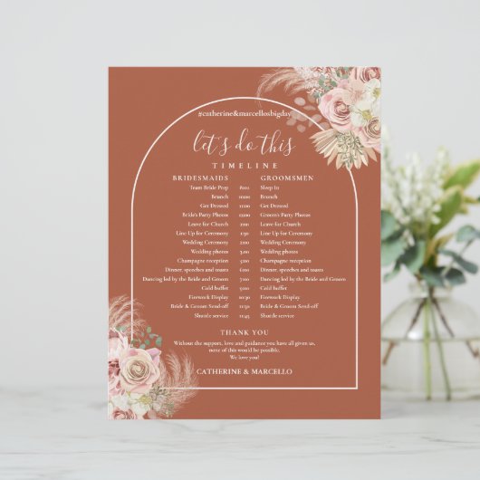 Terracotta Pampas Grass Wedding Zeitplan Zeitplan (Stehend Vorderseite)