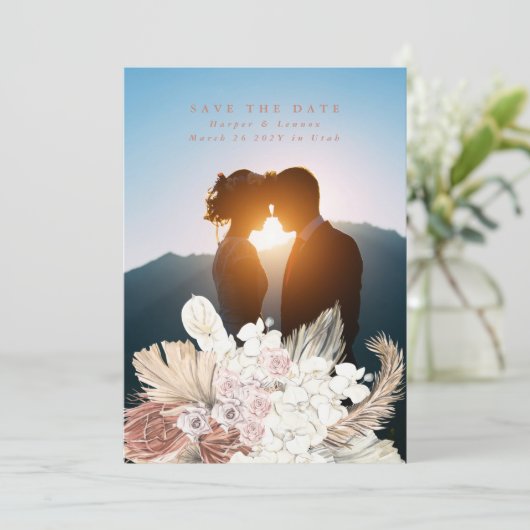 Terracotta Pampas Grass Wüste Tropische Koralle Save The Date (Stehend Vorderseite)